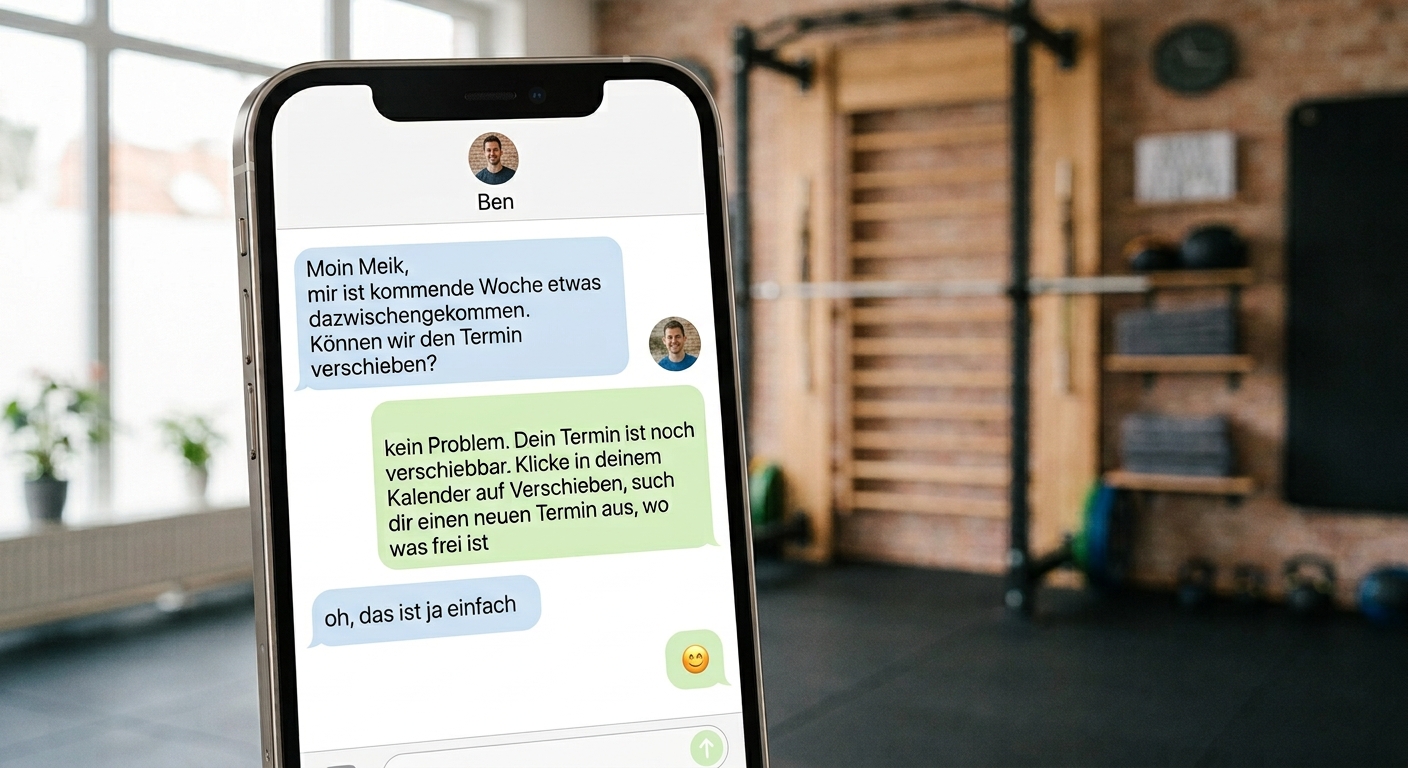 App-Screen: Chat zwischen Trainer und Kunde zu einem Termin