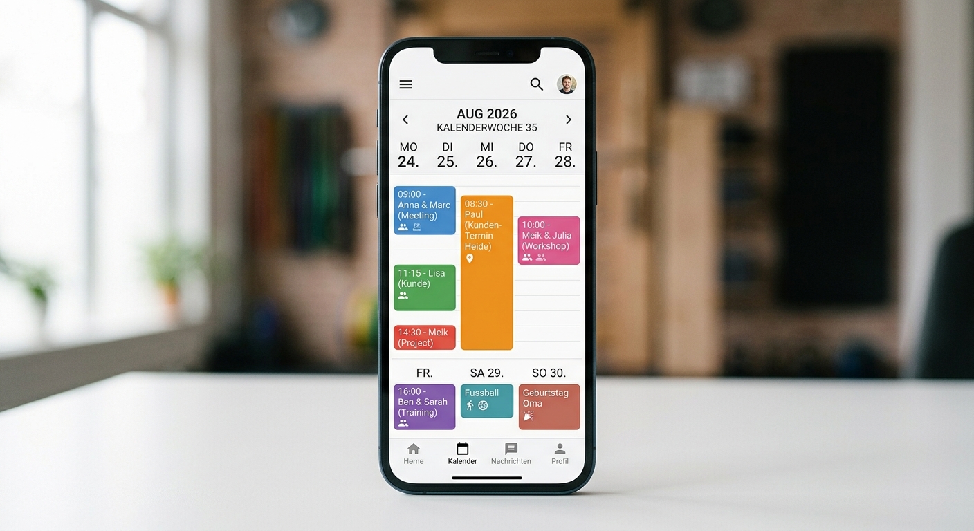 App-Screen: Wochenübersicht mit farbigen Terminblöcken